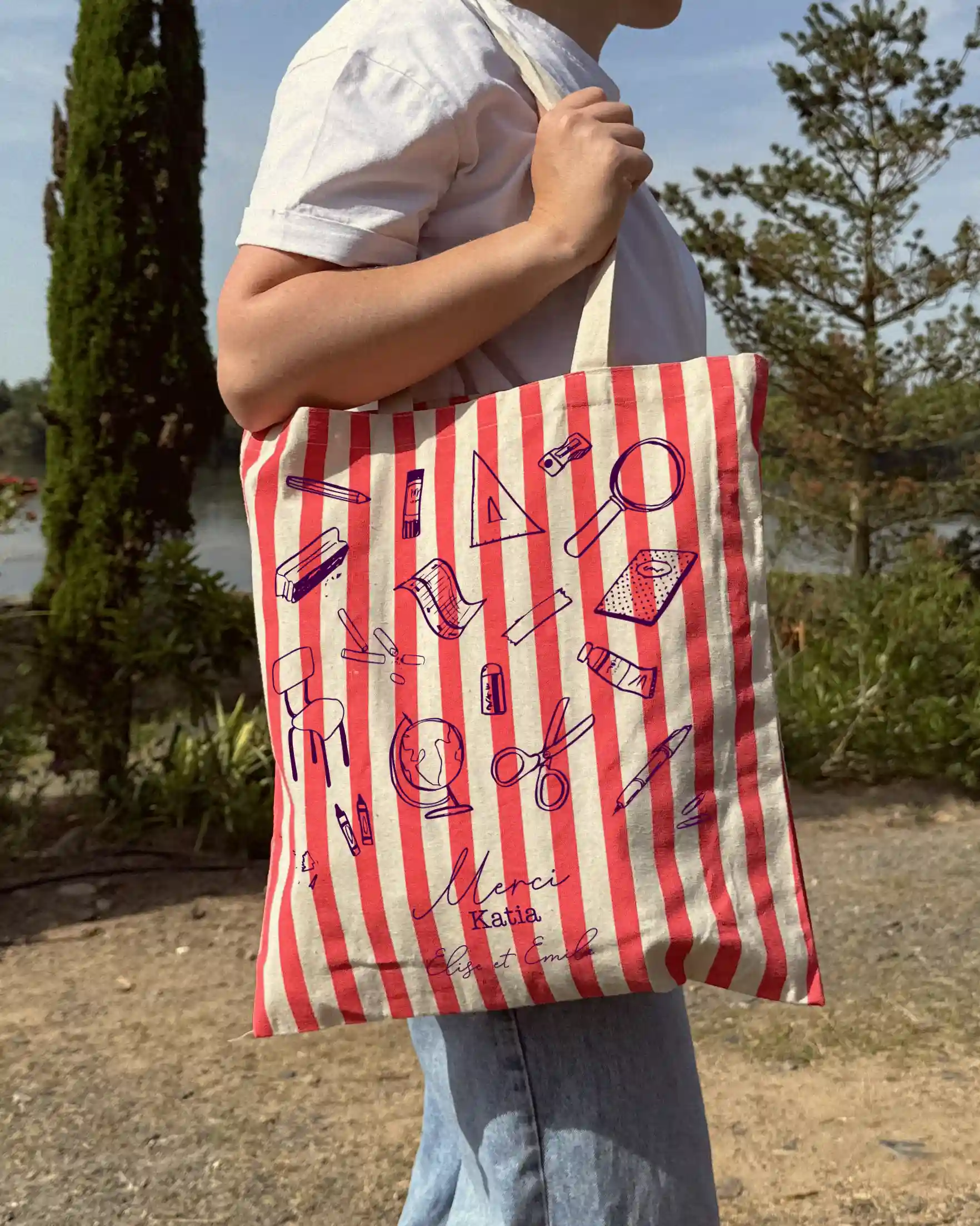 Tote bag à rayures colorées - rose