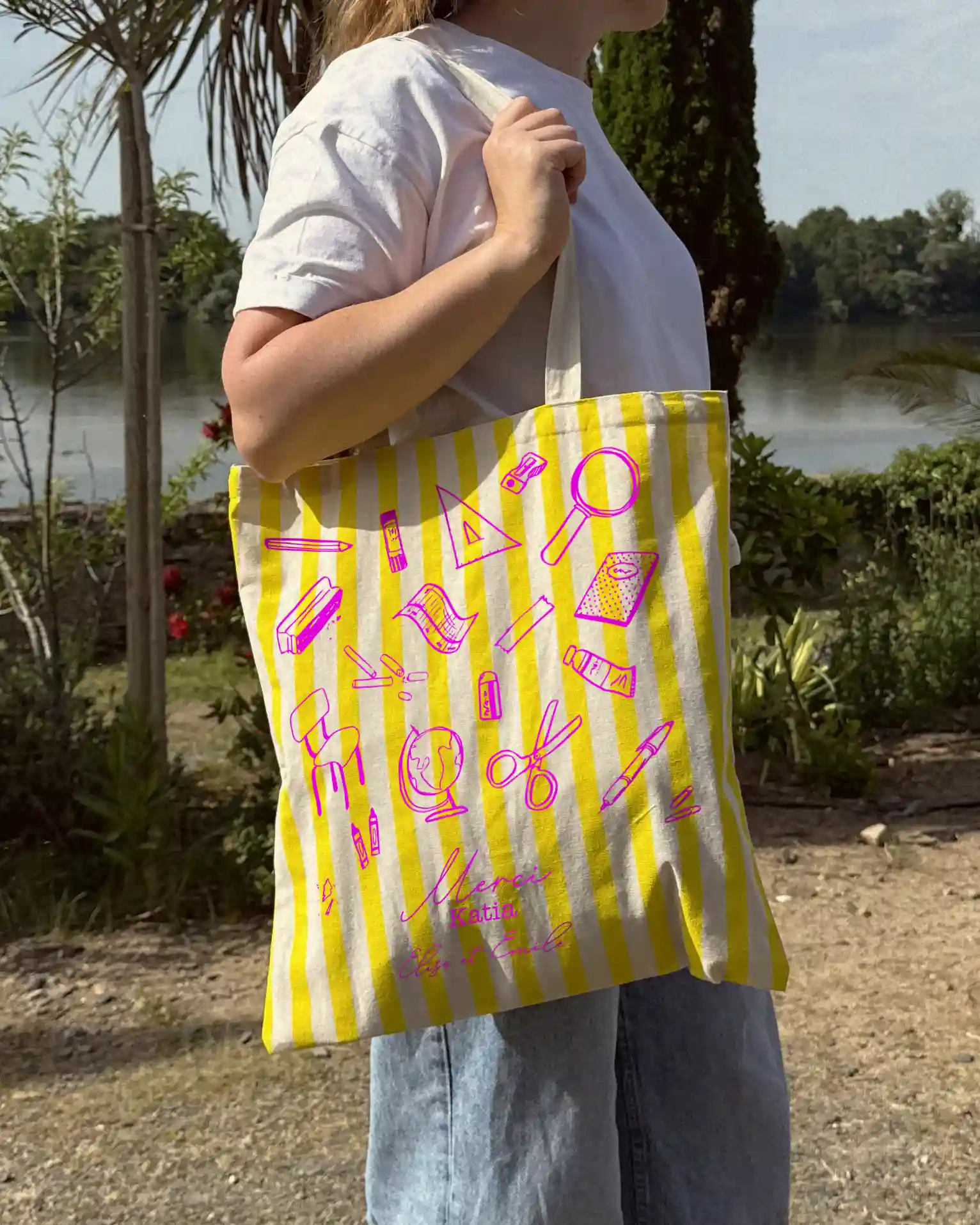 Tote bag à rayures colorées - jaune